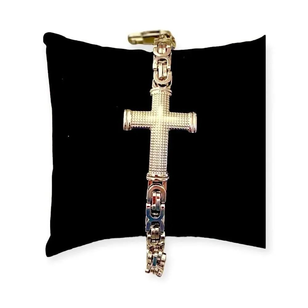 Silver Textured Cross Stainless Steel Chunky Byzantine Chain Bangle Bracelet